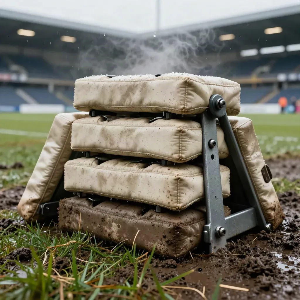 Scrum machine, lineout pads and churned mud under floodlights on a wet rugby pitch.