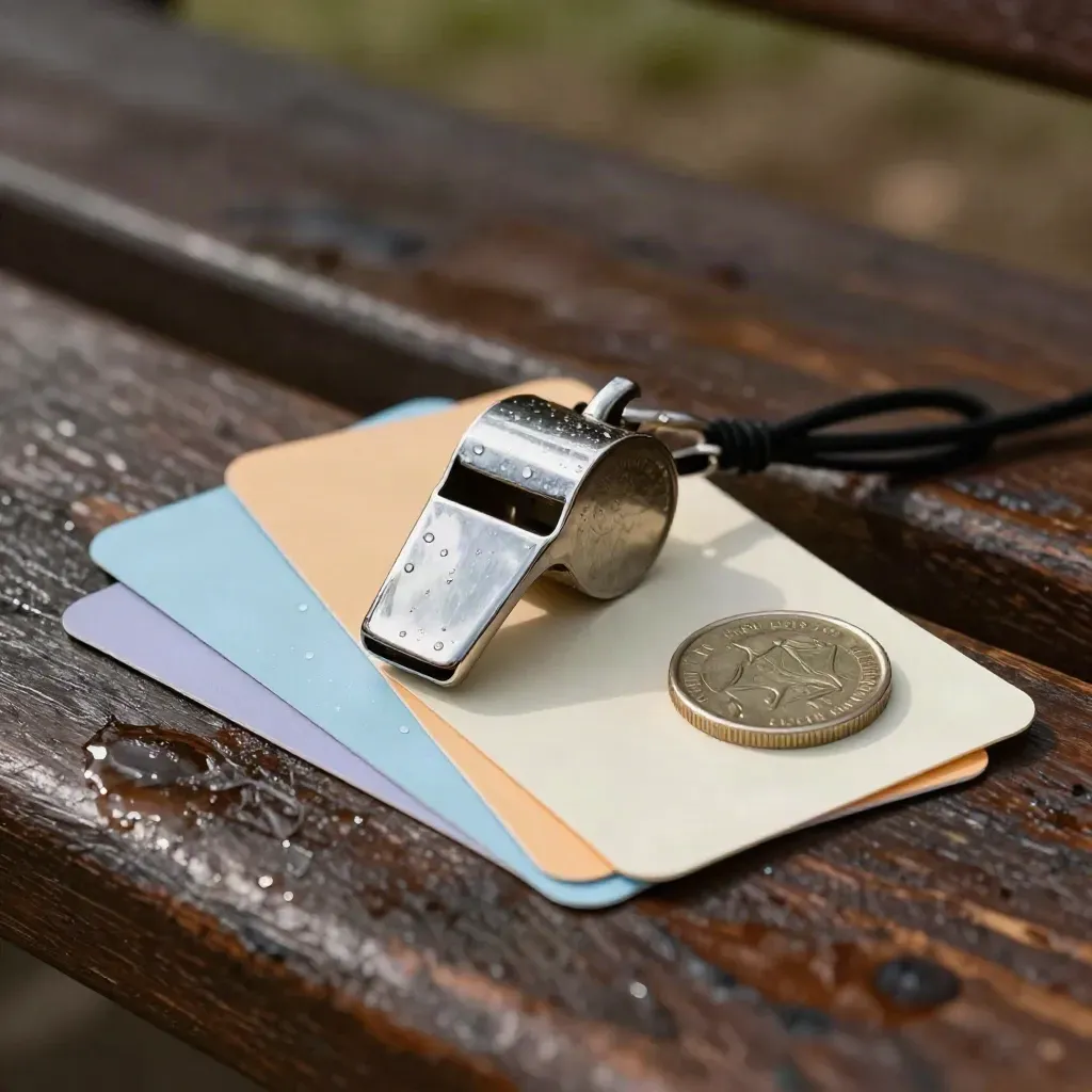 Referee whistle, two cards, and a match coin on a rain-dark wooden bench