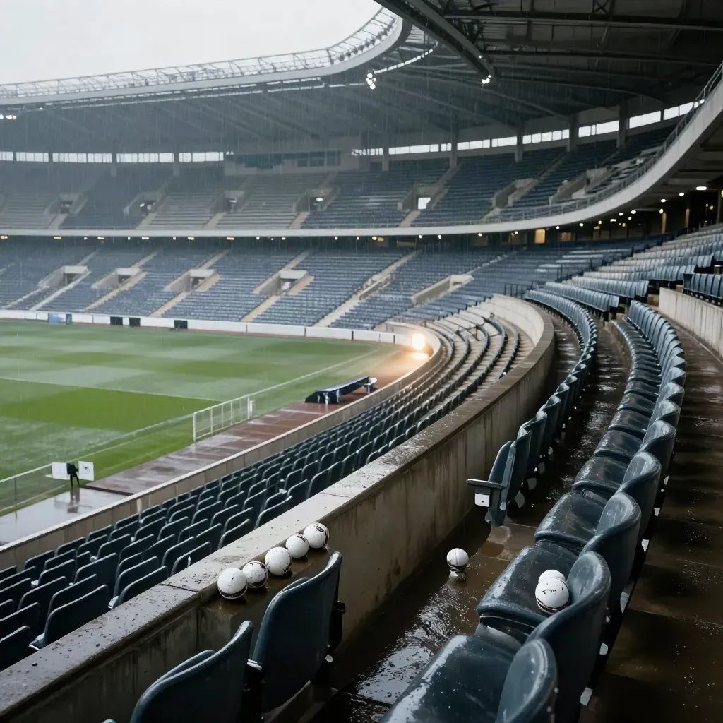 Rainy stadium bowl with tunnel light and stacked match balls before kickoff
