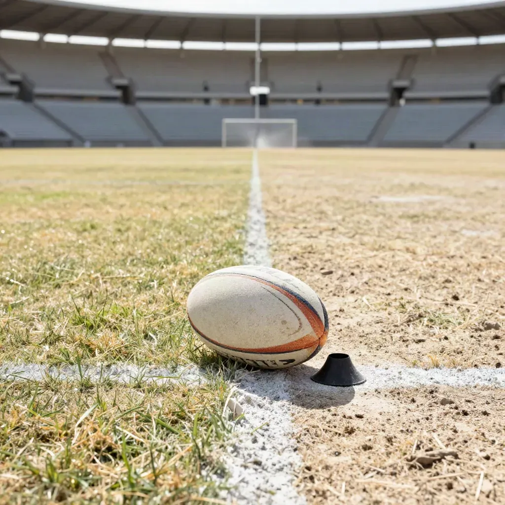 Heat-shimmered rugby pitch with ball and kicking tee beside empty stands