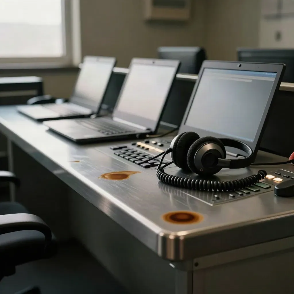 Broadcast control desk with closed laptops, headset and coffee rings in soft window light