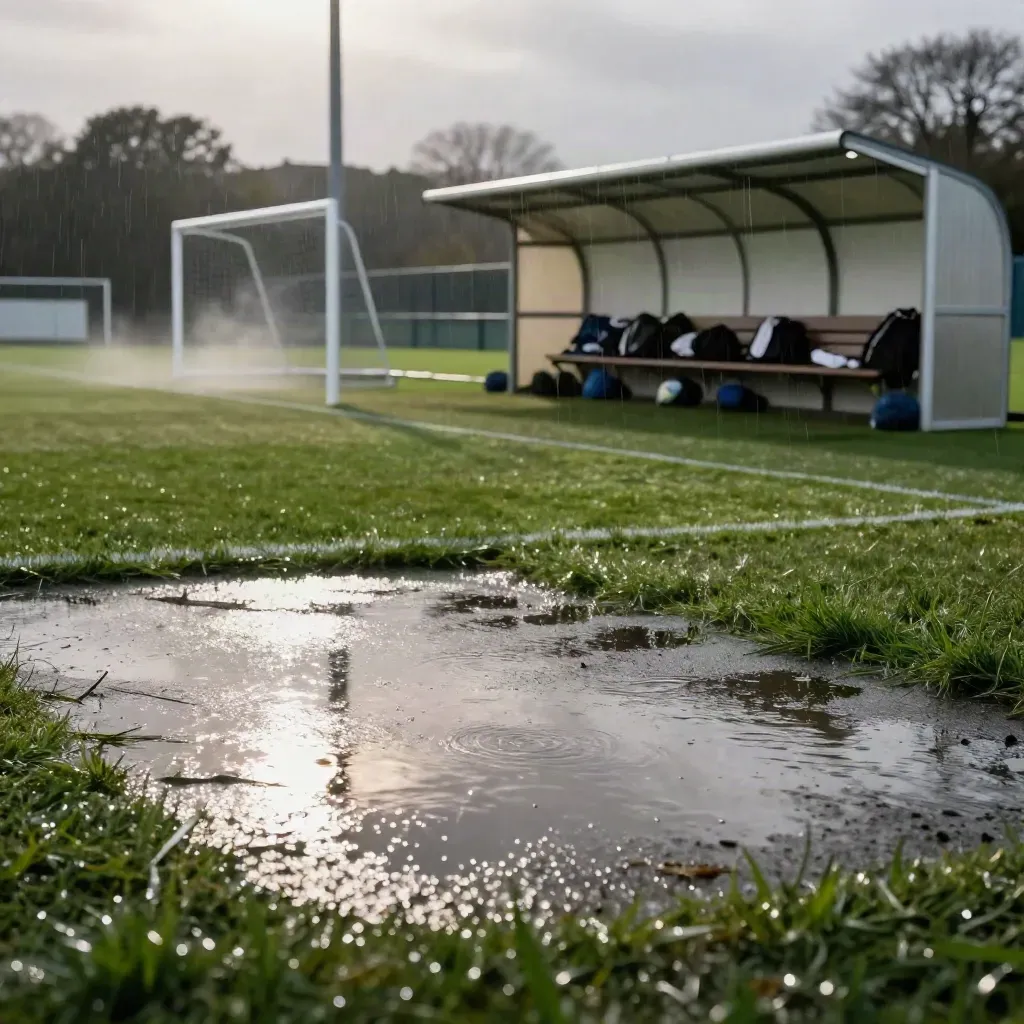 Flooded rugby pitch at twilight with goalposts, puddle reflections, and bench shelter kits
