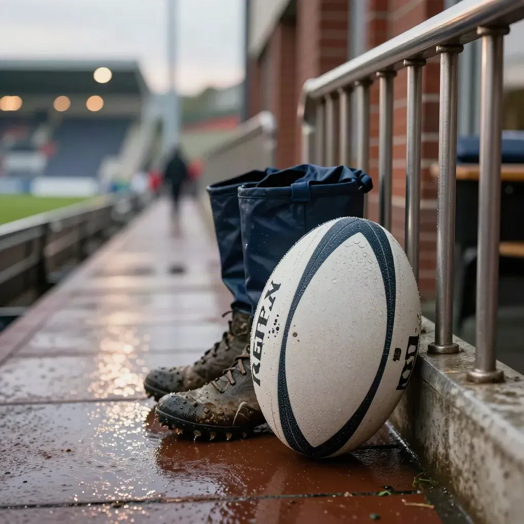 Wet rugby ball on a French club terrace at dusk, with railings, brick facades and stadium glow.