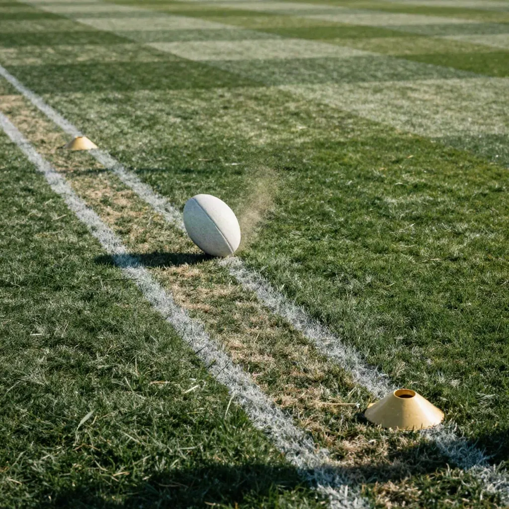Rugby ball bursting through a scuffed training lane on a sunlit pitch