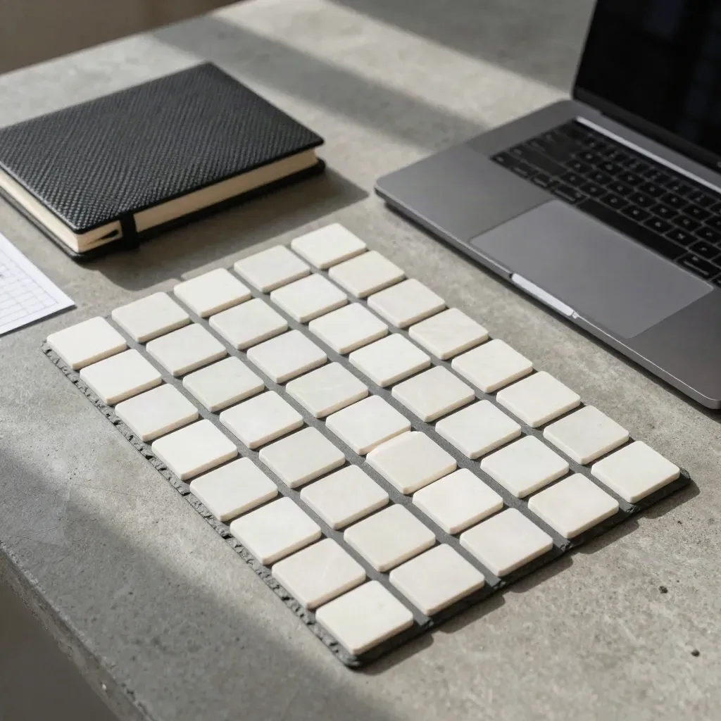 Overhead fantasy rugby desk with tokens, closed notebook, and laptop on concrete.
