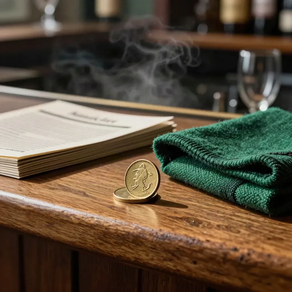 Brass coin, match programmes, and green cloth on a dark pub counter in steam.