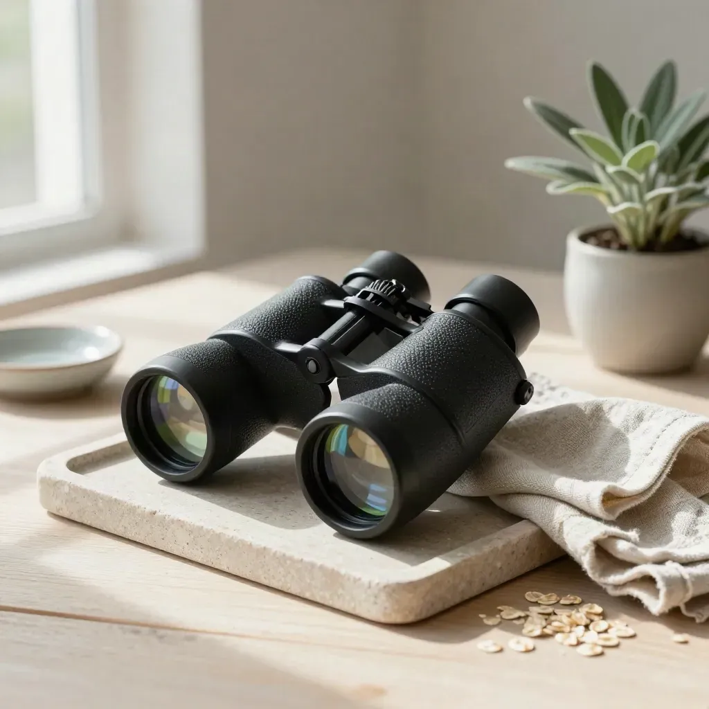 Binoculars, linen, dish and herb on pale wood in soft window light.