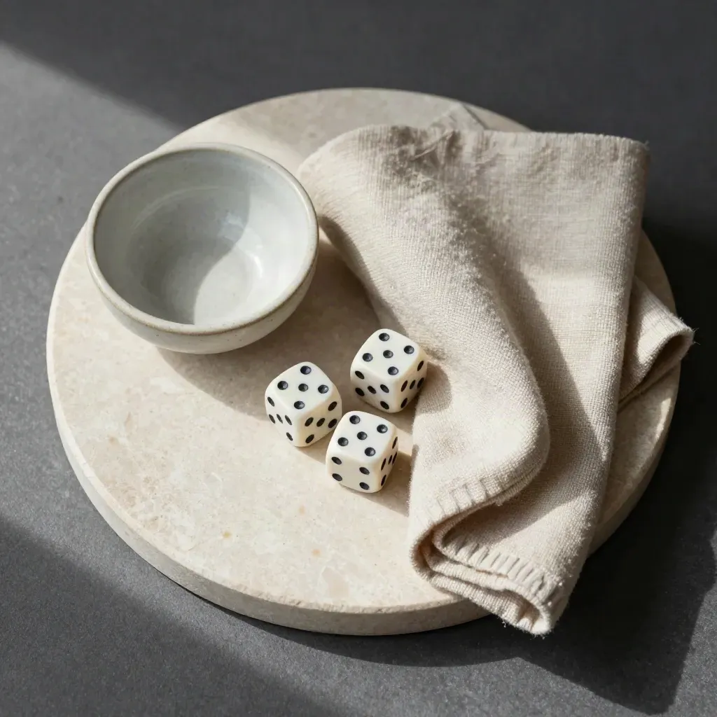 Overhead flat lay of dice, ceramic bowl and wool cloth on a pale stone tray.