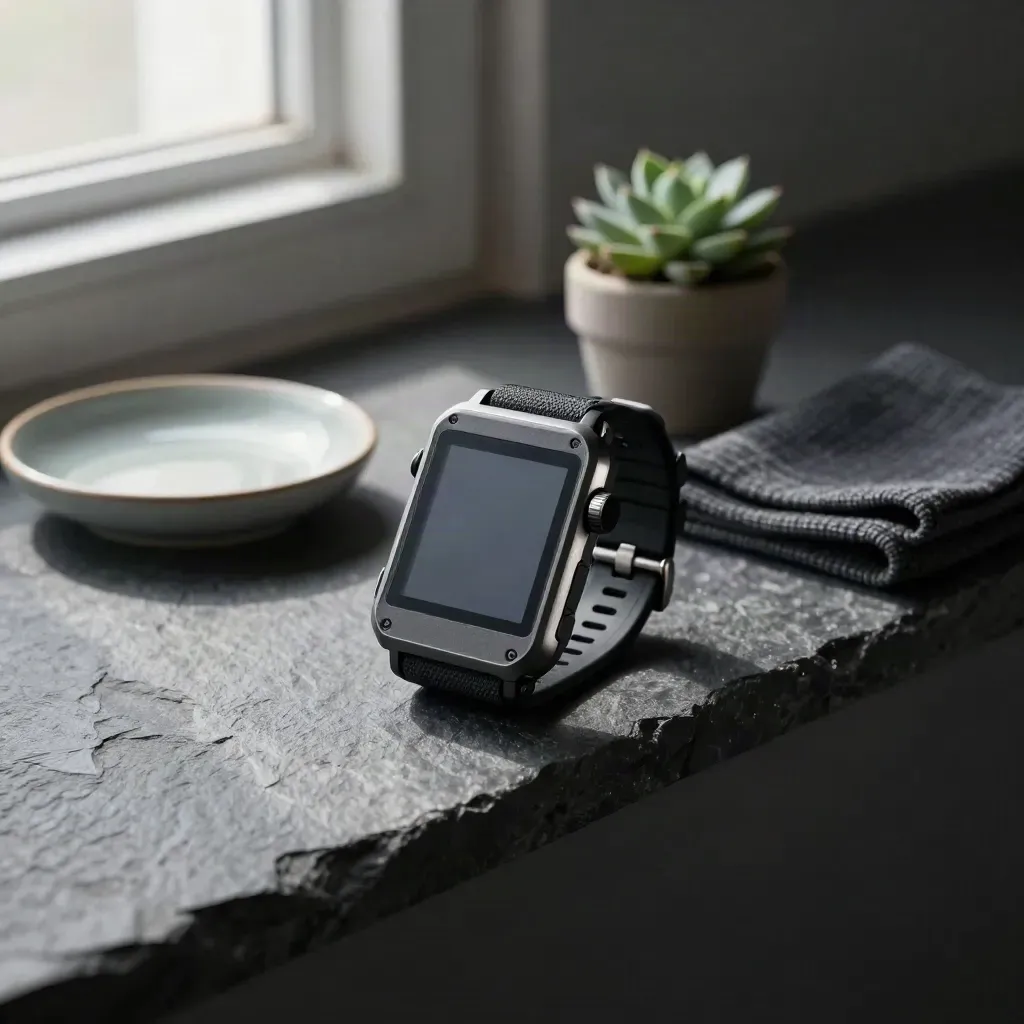 Rugged tracker with dish, cloth and succulent on a dark slate ledge in soft window light