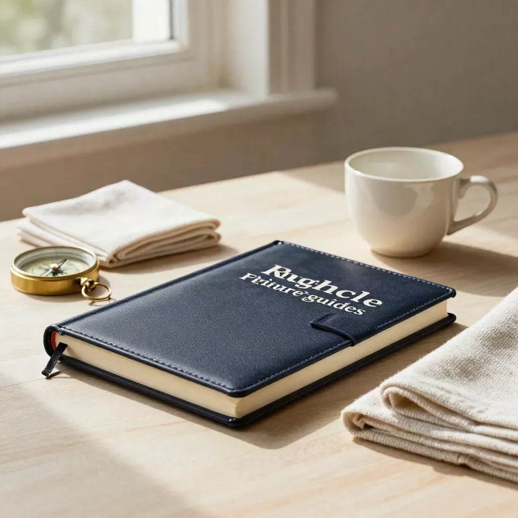 Closed route notebook, brass compass, folded cloth and cup on pale wood in soft daylight.