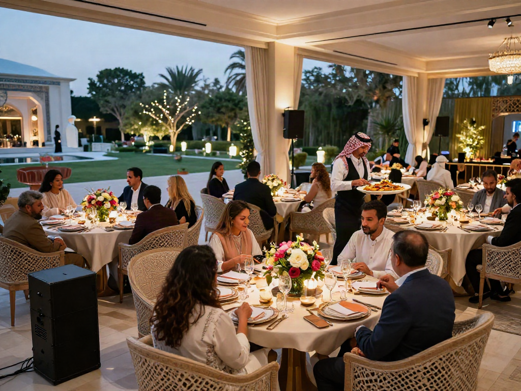 Event rental KSA featuring an elegant banquet setup with exquisite furniture and guests enjoying luxury in Saudi Arabia.