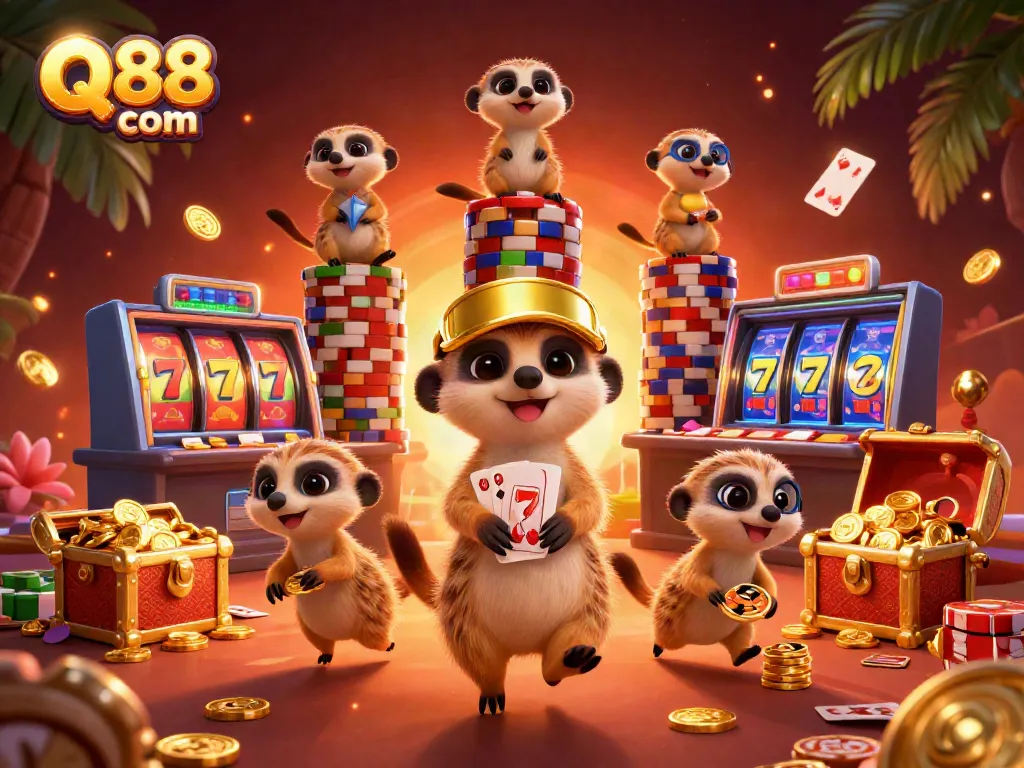 Experience thrilling gameplay with Q88 com as meerkats run a vibrant casino scene filled with colorful slot elements.