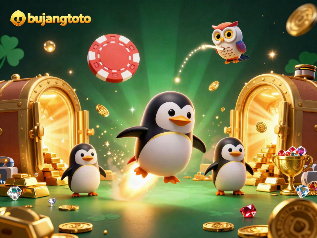 Experience bujangtoto excitement with a golden penguin racing towards a casino space station.