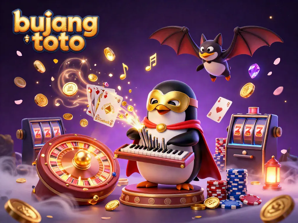 Experience the captivating world of bujang toto with a magical 3D casino scene featuring a penguin playing a golden pipe organ.
