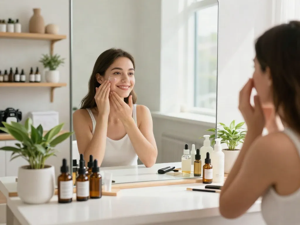 Where to buy glow peptides skincare scene with a woman applying serum, bright and inviting atmosphere.