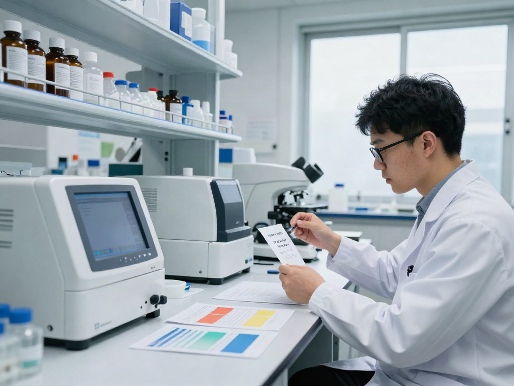 Researcher analyzing AOD-9604 for sale in a modern laboratory setting with advanced equipment.