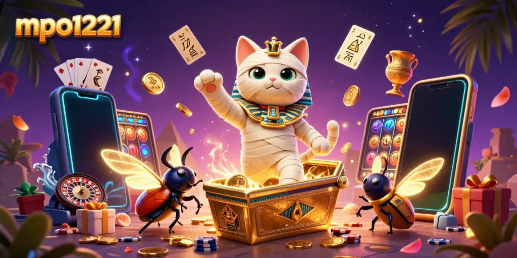 Engage in thrilling actions at mpo1221, highlighted by a mummy cat and casino excitement.