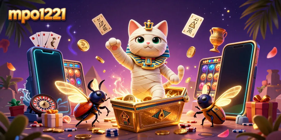 Engage in thrilling actions at mpo1221, highlighted by a mummy cat and casino excitement.