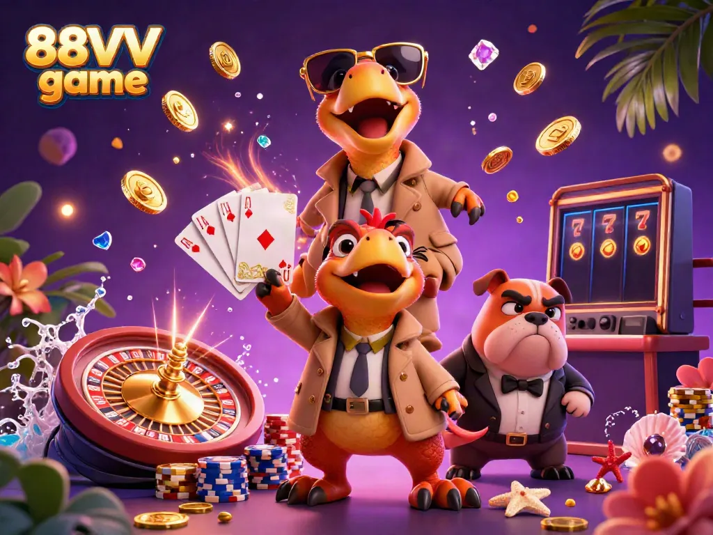 Join the fun at 88VV game where colorful raptors try to enter a VIP lounge, surrounded by dazzling casino elements.