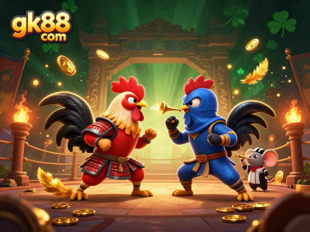 Experience thrilling matches at gk88 com with fighting roosters, golden feathers, and dramatic effects.