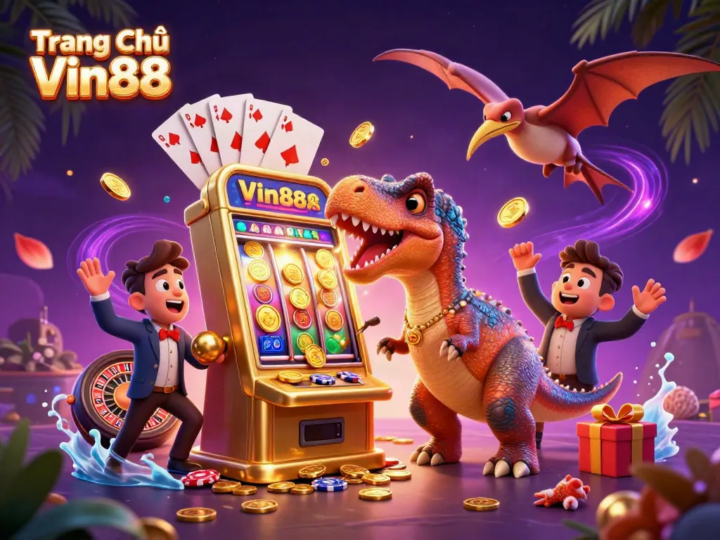 Experience thrilling gameplay at Trang Chủ Vin88 with animated characters celebrating a jackpot win among flying coins.