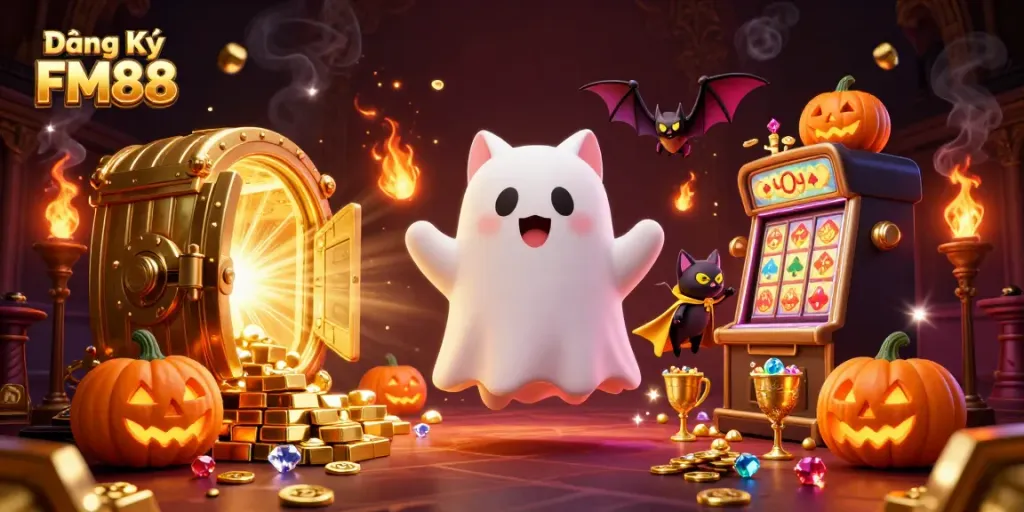 Engage in thrilling gameplay with Đăng Ký FM88 as the friendly ghost cat explores a haunted casino.