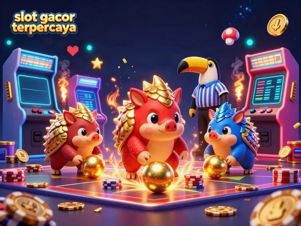 Slot gacor terpercaya menampilkan pangolin berwarna-warni dalam aksi kasino dengan chip poker dan mesin permainan.