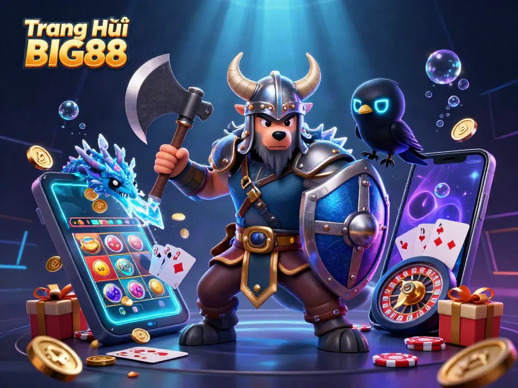 Spin the reels with excitement at Trang Chủ BIG88, featuring a Viking wolf warrior and dragon in a vibrant casino scene.