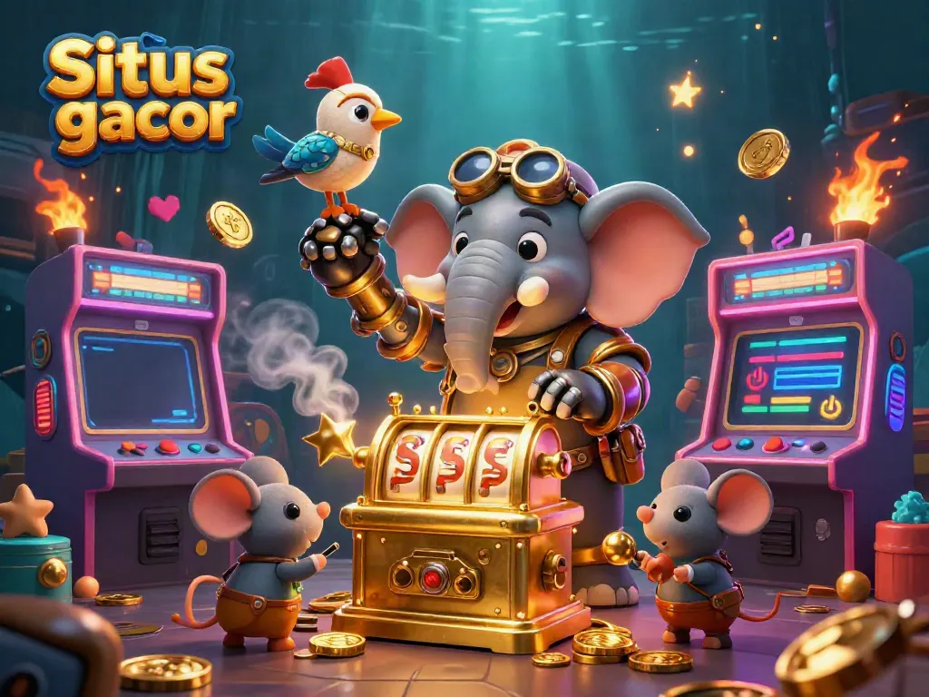 Experience high stakes with Situs slot gacor's engaging slot machine action in this vibrant 3D scene.