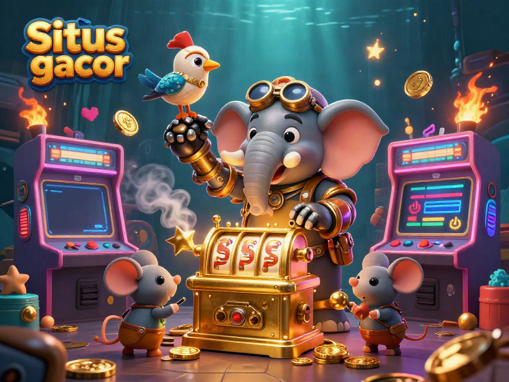 Experience high stakes with Situs slot gacor's engaging slot machine action in this vibrant 3D scene.
