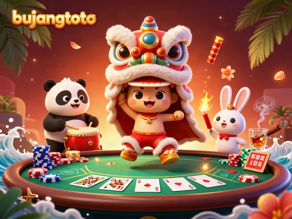 Bujangtoto lion dance illustration featuring a drumming panda and a firecracker-lighting rabbit amidst poker chips and cards