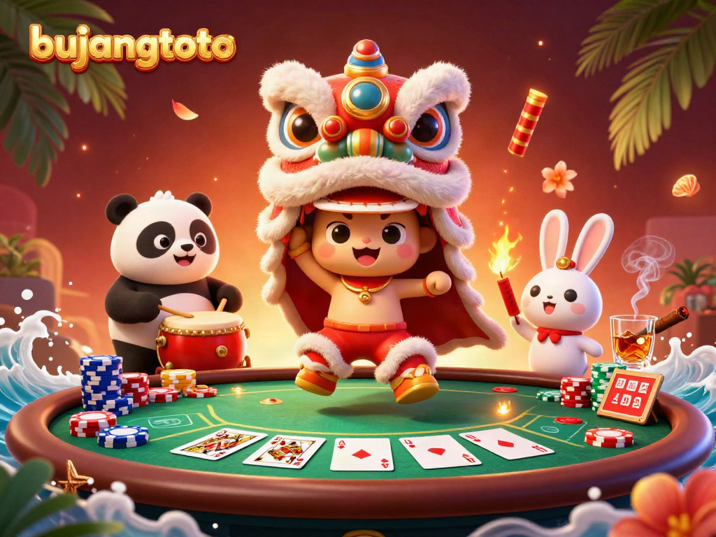 Bujangtoto lion dance illustration featuring a drumming panda and a firecracker-lighting rabbit amidst poker chips and cards