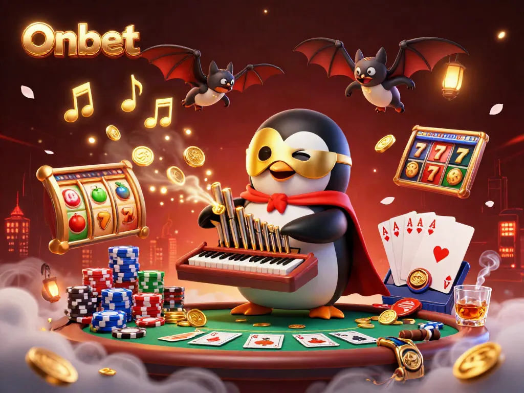 Engage in the thrilling world of Onbet with a vibrant casino scene featuring a penguin and bat acrobat.
