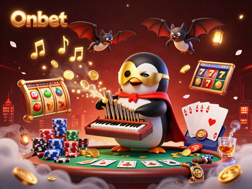 Engage in the thrilling world of Onbet with a vibrant casino scene featuring a penguin and bat acrobat.