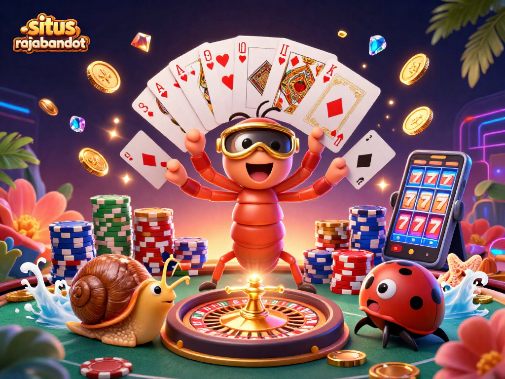 Situs rajabandot menghadirkan dealer permainan yang energik dengan kartu dan chip besar di kasino virtual.
