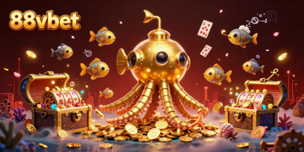 Experience vibrant gaming with 88vbet's golden kraken submarine amidst a treasure explosion.