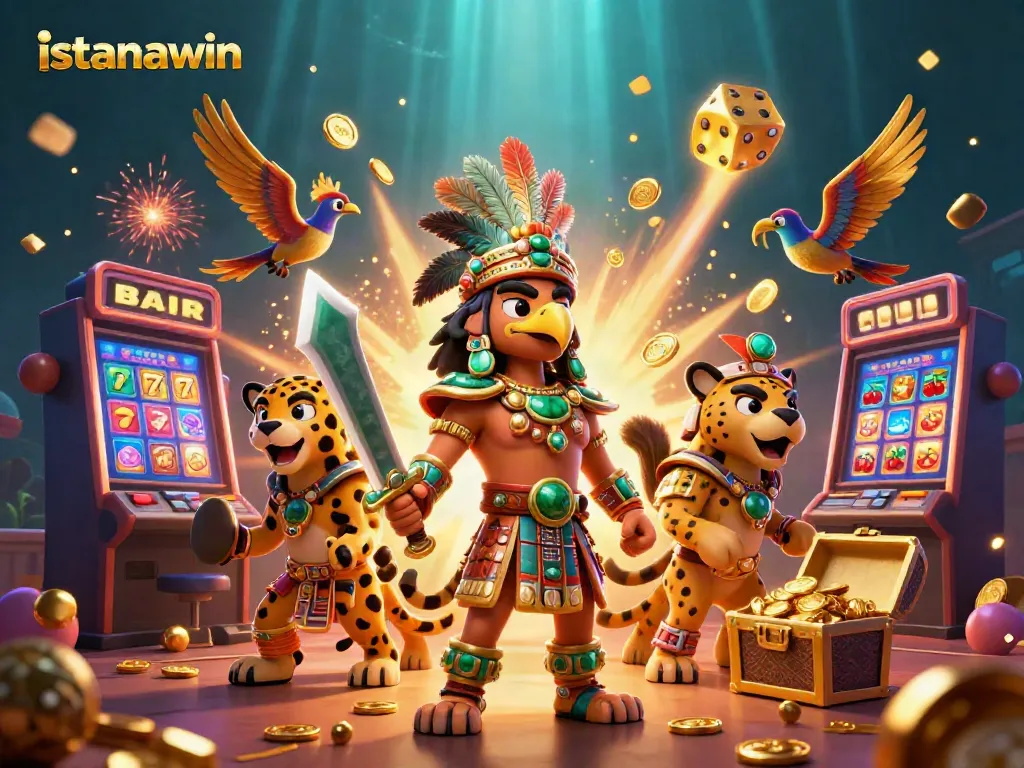 Ilustrasi 3D yang memukau "istanawin" memperlihatkan pejuang Aztec dengan mesin slot yang meledak di tengah suasana kasino.
