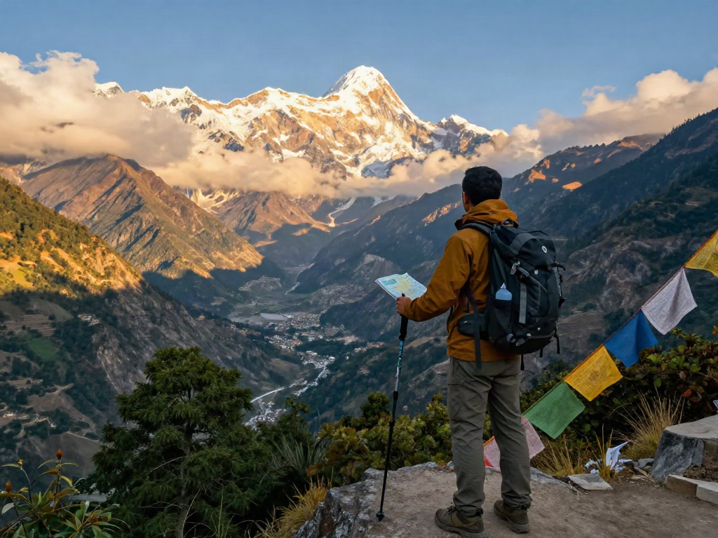 Manaslu Circuit Trek traveler with backpack overlooking valley, showcasing stunning mountain scenery during golden hour.