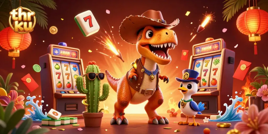 Engage with thr ku slot machines and cartoon characters in this vibrant casino scene.