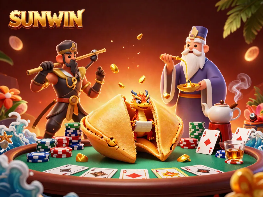 Engage with SUNWIN for thrilling poker experiences featuring a golden fortune cookie and vibrant game elements.