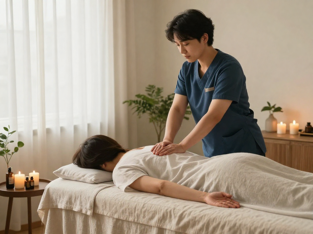 Experience a relaxing 강서구출장마사지 with a professional therapist creating a soothing home environment.