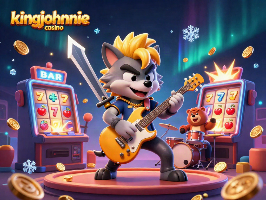 Experience the thrill at kingjohnnie casino with a lively 3D illustration of a rock star wolf performing amidst winning slots.