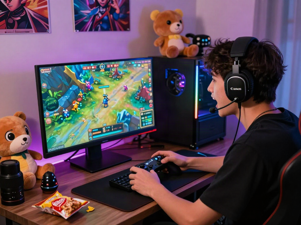 Engaging gameplay of html porn games on a vibrant gaming setup surrounded by colorful decorations.