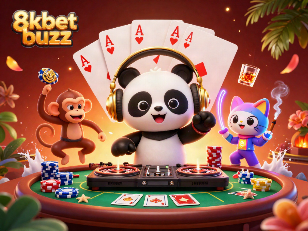 Experience the excitement of 8kbet buzz with a vibrant 3D casino scene featuring a DJ panda spinning roulette wheels and energetic characters.