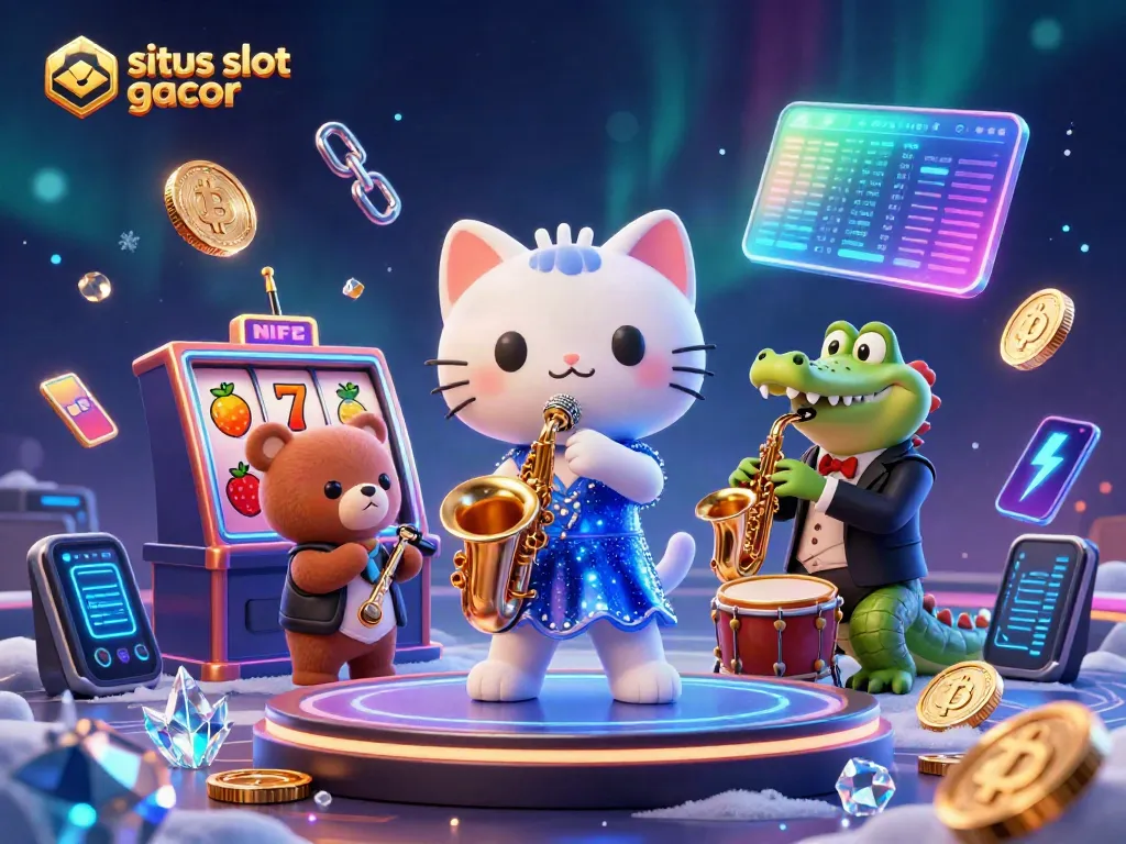 Enjoy winning with situs slot gacor featuring a cartoon cat singer, croc saxophonist, and bear drummer in a vibrant casino scene.