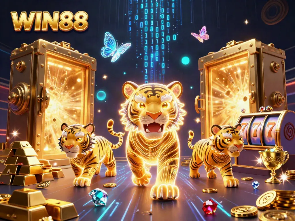 Experience big wins with WIN88 in a dynamic and vibrant casino illustration.