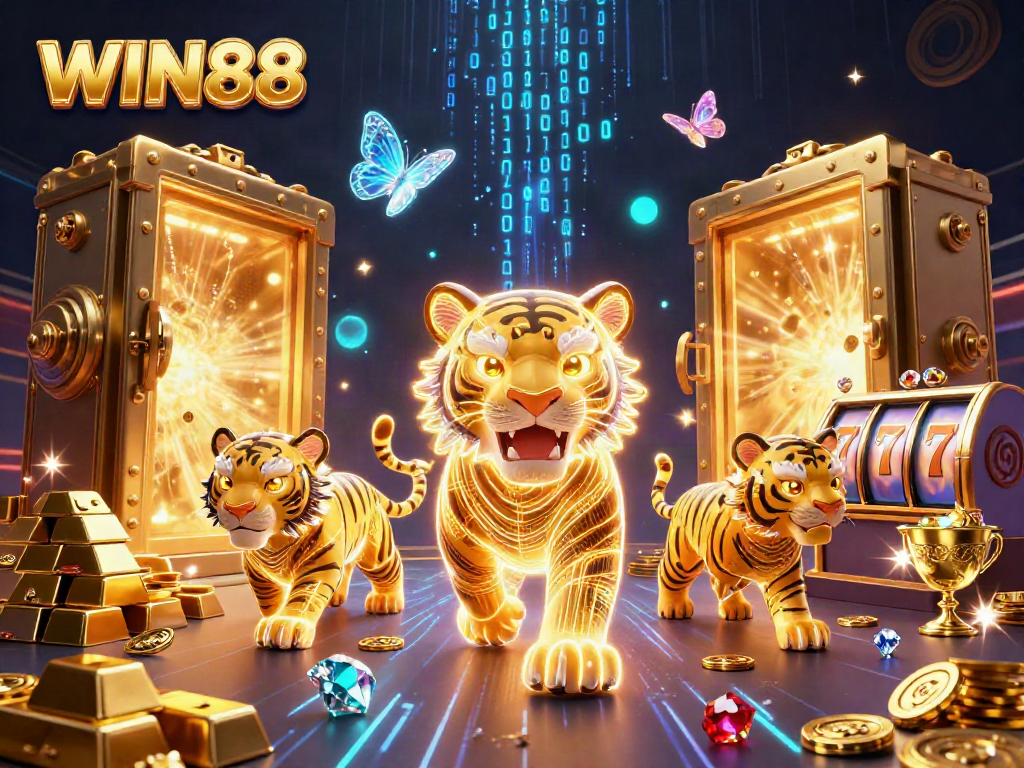Experience big wins with WIN88 in a dynamic and vibrant casino illustration.