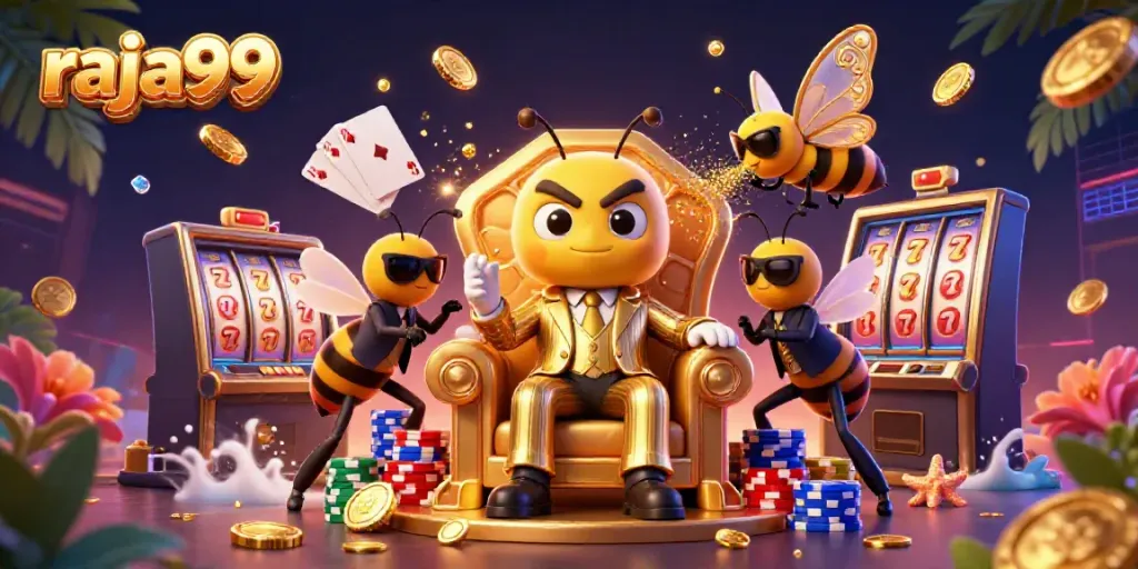 Join the excitement at raja99 with a vibrant scene of a bumblebee mob boss, flanked by bodyguards, amidst cascading coins and slot machines.