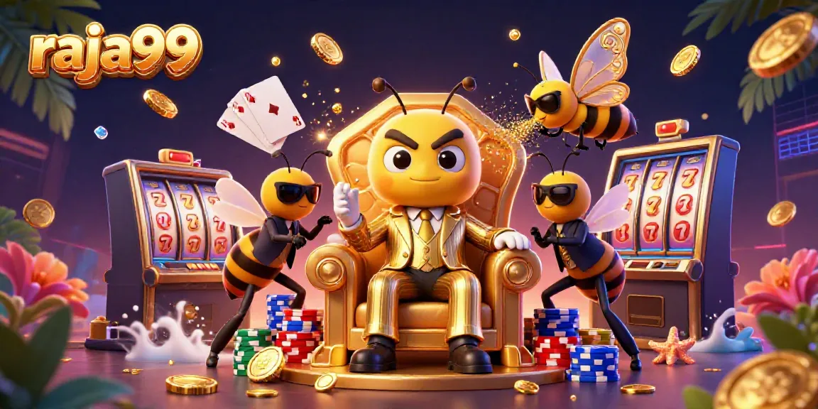 Join the excitement at raja99 with a vibrant scene of a bumblebee mob boss, flanked by bodyguards, amidst cascading coins and slot machines.