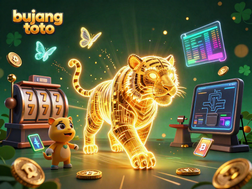 Experience the thrill of bujang toto with neon-lit casino elements and a golden tiger companion.
